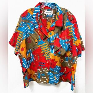 Vintage Breckenridge II Picasso Print Abstract Rayon Linen Button Up Shirt 20W